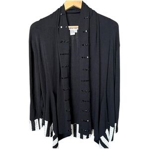 Gardy Open Cardigan - Black White Striped Accents and Embellished Lapel - M
